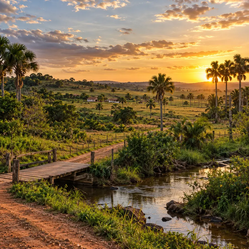 Pôr do sol no interior do Maranhão, com palmeiras, campo verde e uma ponte de madeira sobre o riacho